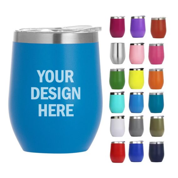 Bulk 12oz Double Wall Stainless Steel Insulated Powder Coated Mugs - Custom Engraved Logo, Push Lid