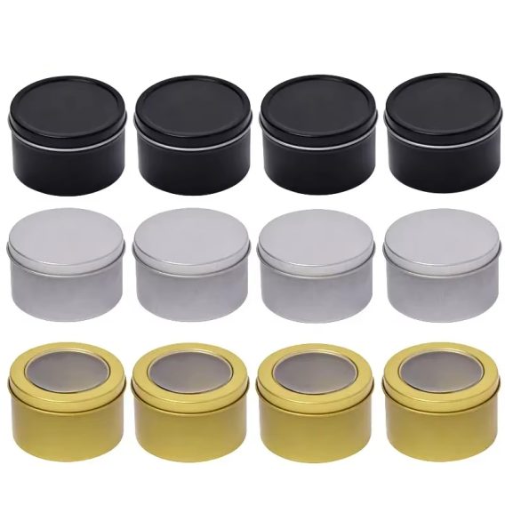 12Pcs Round Candle Jars with Lid: Metal Tin Box, Black/Gold/Silver, Cosmetic Storage