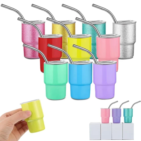 3oz Mini Tumbler Shot Glass: Stainless Steel Double Wall Vacuum Insulated with Straw & Lid