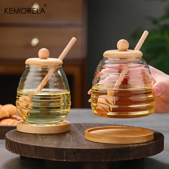 KEMORELA Honeycomb Glass Honey Tank: Kitchen Storage Container with Dipper & Lid for Weddings, Parties, Dining - Image 2