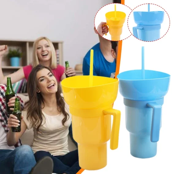2-in-1 Stadium Tumbler: Popcorn & Drink Cola Cup, Portable Snack Bowl with Handle & Straw - Image 3