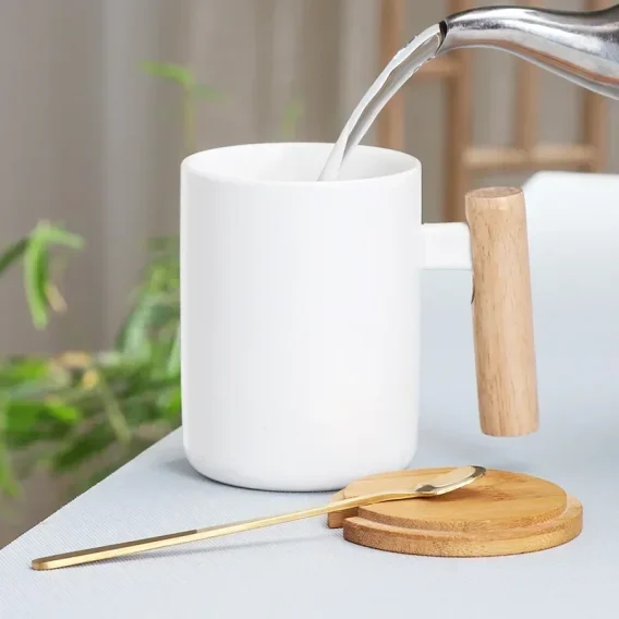 Custom Logo Wooden Handle coffee mug ceramic cup with spoon Porcelain ceramic mugs for Coffee milk tea with wooden handle Lid - Image 4