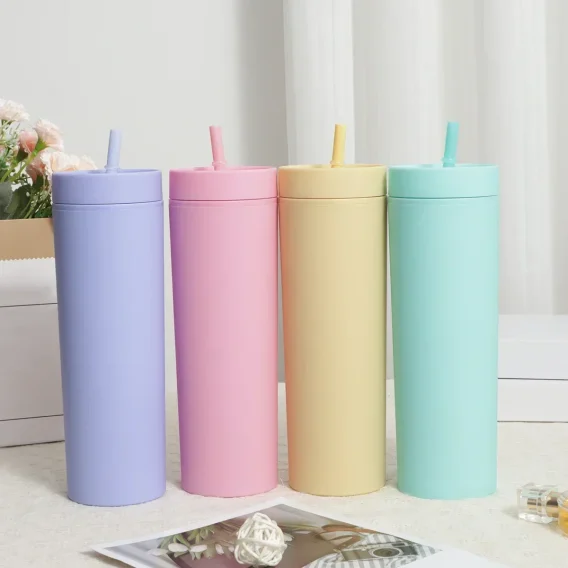 1pc Reusable Double-Layer Plastic Straw Cup: Water Bottle, Coffee Cup with Lid