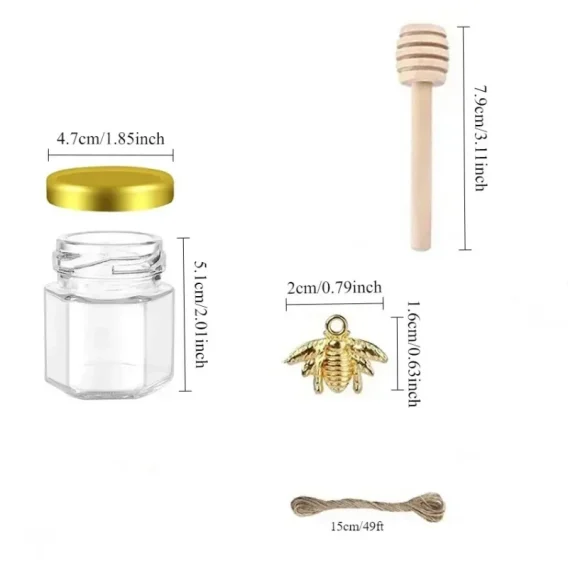 1.5Oz Mini Hexagon Glass Honey Jars with Wood Dipper & Bee Charms for Weddings & Parties - Image 6