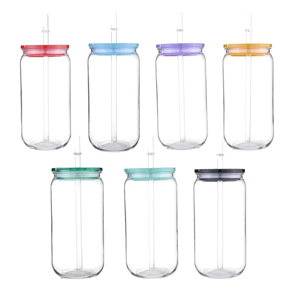 16oz PET Plastic Cups with Replaceable Colored Lids & Straws: Soda, Juice, Dairy Drinks