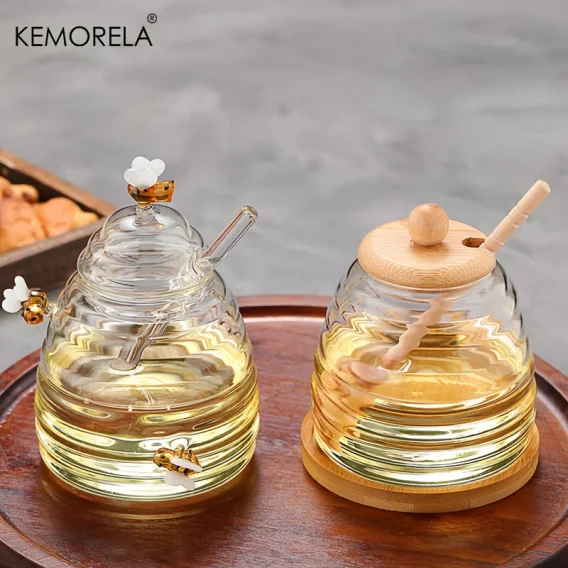 KEMORELA Honeycomb Glass Honey Tank: Kitchen Storage Container with Dipper & Lid for Weddings, Parties, Dining - Image 3