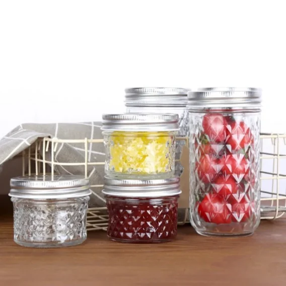 Transparent Diamond Pattern Glass Mason Jar: Labelable Seal Split Jar for Fruit Juice