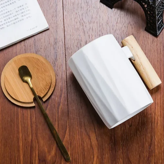 Custom Logo Wooden Handle coffee mug ceramic cup with spoon Porcelain ceramic mugs for Coffee milk tea with wooden handle Lid - Image 2