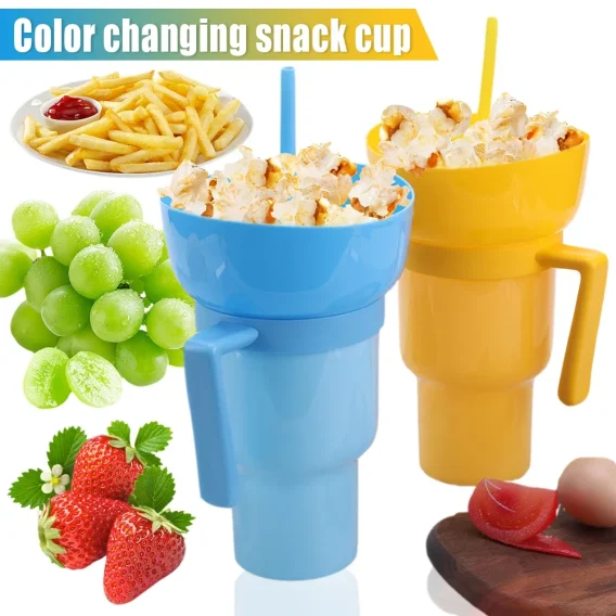 2-in-1 Stadium Tumbler: Popcorn & Drink Cola Cup, Portable Snack Bowl with Handle & Straw - Image 2