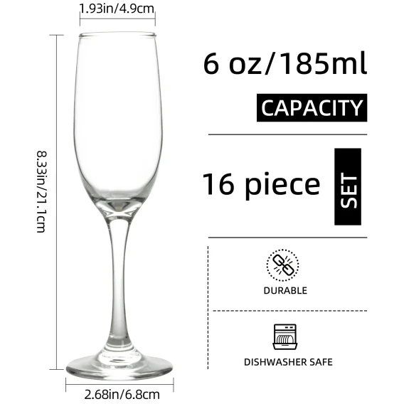 6oz 16-Pack Thickened Champagne Glasses, Heavy Duty & Shatter Resistant | Bar-Grade for Party/Wedding/Commercial Use - Image 2