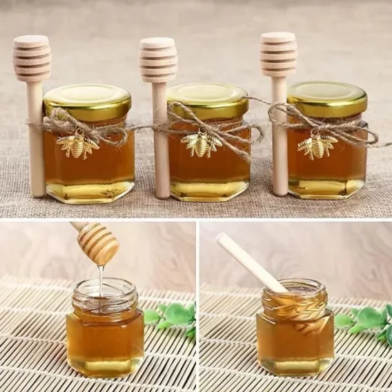 1.5Oz Mini Hexagon Glass Honey Jars with Wood Dipper & Bee Charms for Weddings & Parties - Image 2