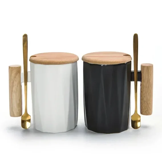 Custom Logo Wooden Handle coffee mug ceramic cup with spoon Porcelain ceramic mugs for Coffee milk tea with wooden handle Lid - Image 3